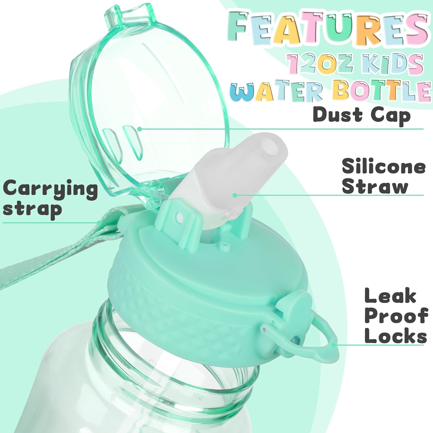 OLDLEY 12oz Kids Water Bottle for school Girls Boys, Motivational Water Bottles With Silicone Straw, Leak-Proof Tritan BPA-Free, Reusable water bottles for kids, Glow Green - Image 4