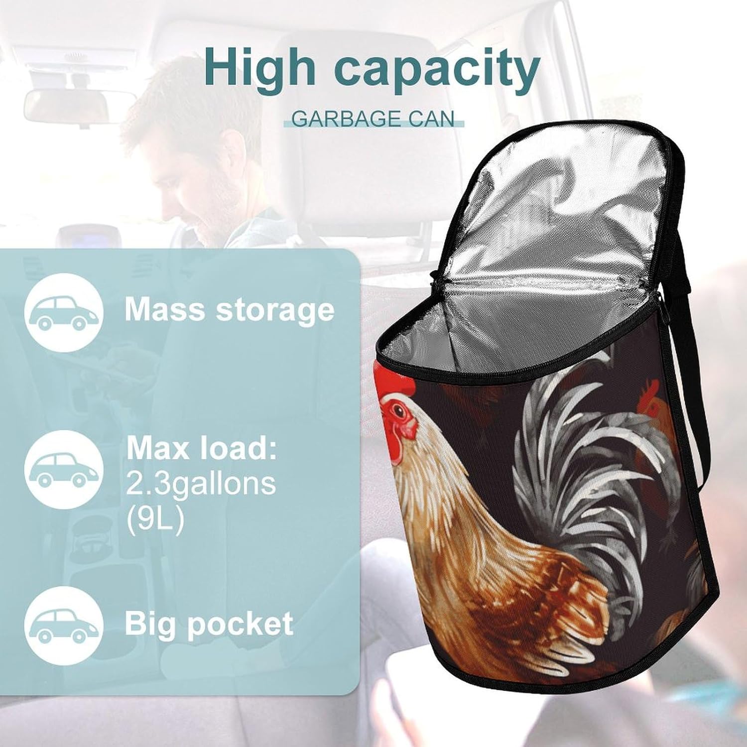 Hanging Car Trash Bag Protable Trash Can Shine Rooster Waterproof Garbage Bin for Car