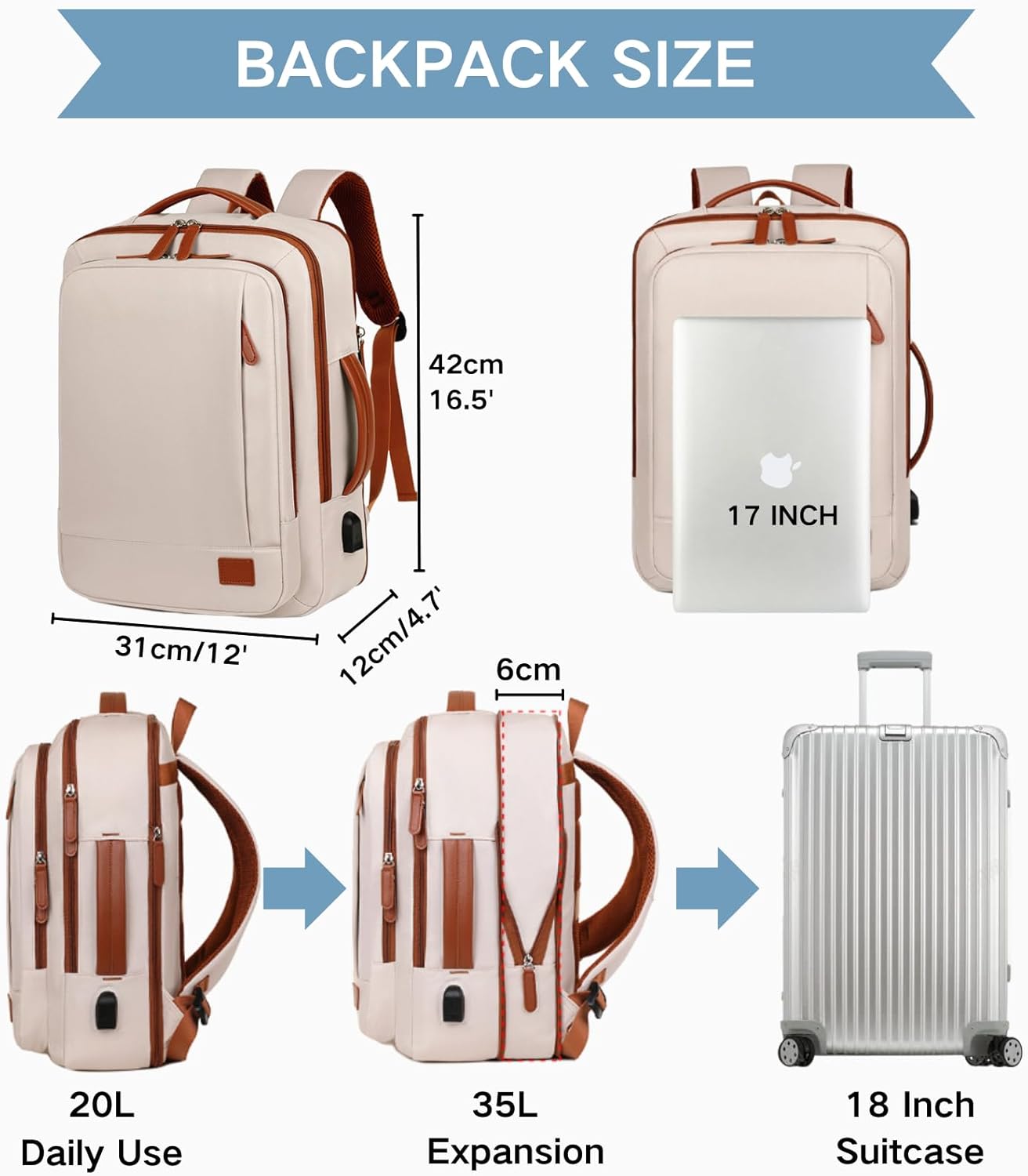 Large Travel Laptop Backpack for Men Women, Expandable Waterproof Carry On Backpack Airline Approved with USB Charging Port & Wet Pocket, 15.6" Business Work Backpack Rucksack Casual Daypack - Pink - Image 4