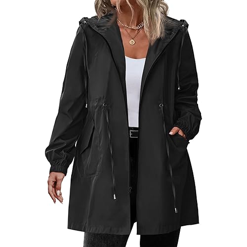 IN'VOLAND Women's Rain Jacket Plus Size Long Raincoat Lightweight Hooded Windbreaker Waterproof Jackets with Pockets