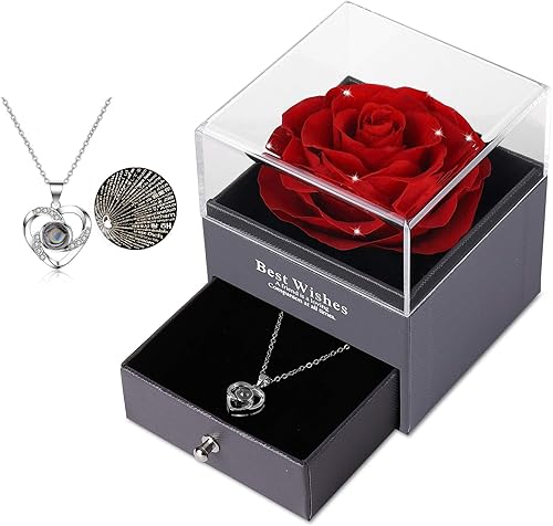 Rosa real preservada con collar con diseño de corazón con I LOVE YOU en 100 idiomas (idioma español no garantizado), ideal para regalo de San