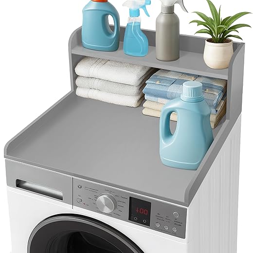 Royxen Washer Dryer Countertop with Shelf,2-Tier Laundry Countertop for Single Washer and Dryer,Soild Wood Core Washer Dryer Topper for Laundry Room Organization (Grey)