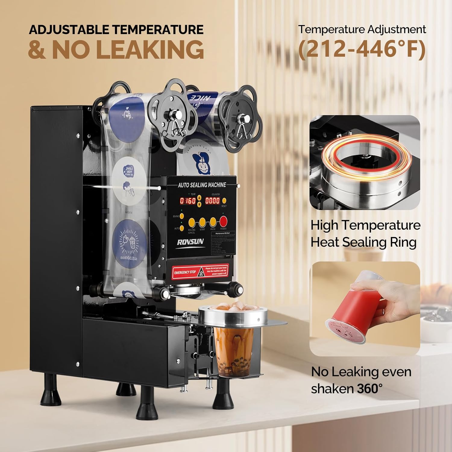 ROVSUN Cup Sealing Machine, Fully Automatic Cup Sealer Machine 500-650 Cups/H, Electric Cup Sealing Machine 88/89/90/95mm with LCD Digital Control, Cup Sealer for Bubble Milk Tea Coffee, Black