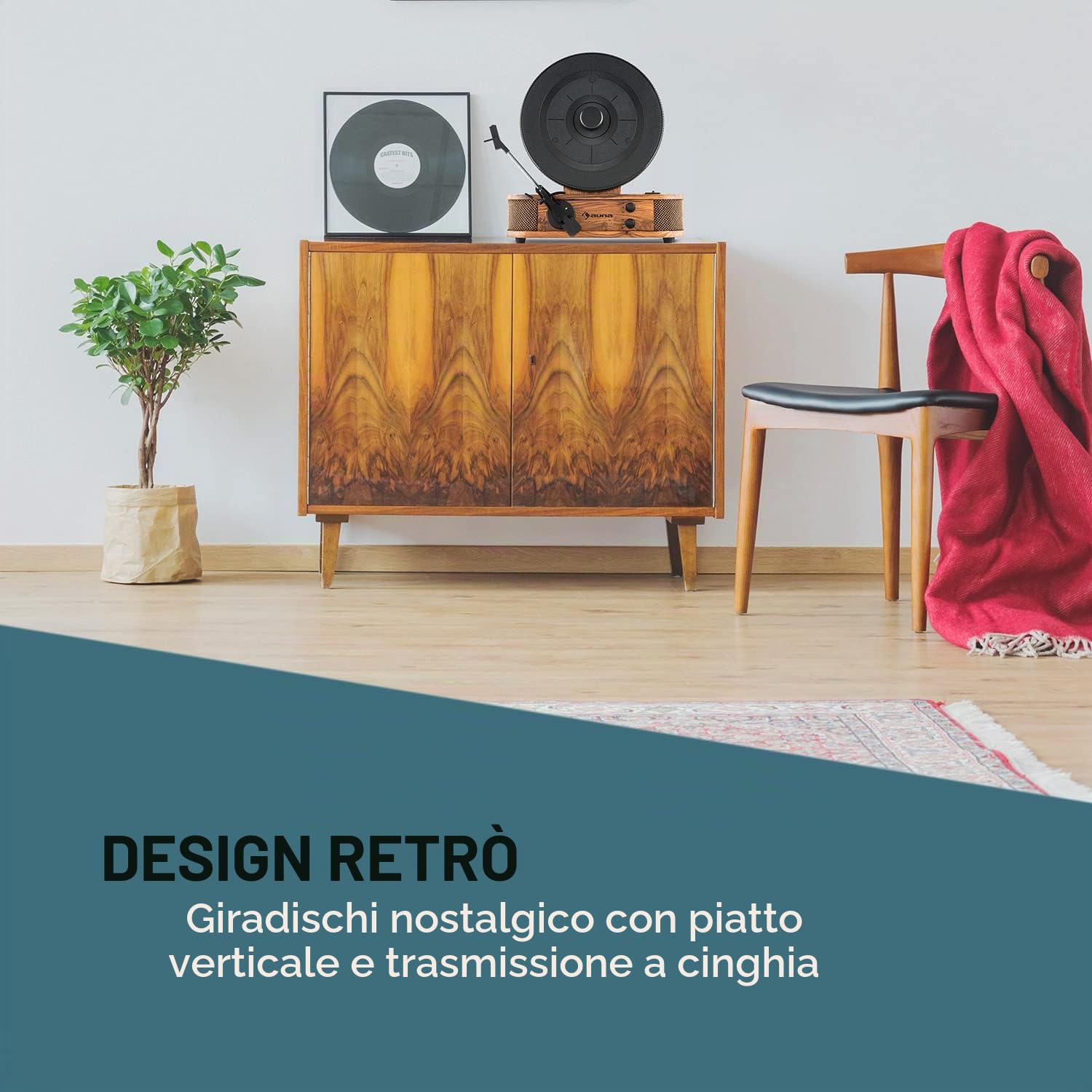 AUNA Verticalo SE - Giradischi Retró, Lettore Vinili, Giradischi Vintage, 33, 45 e 78 giri/min, BT, Altoparlanti Stereo, Porta USB compatibile MP3, Uscita di Linea, Legno, con Bluetooth