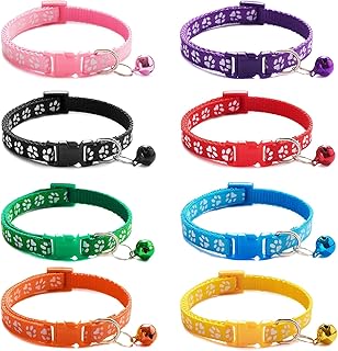 8 PCS Puppy Collars Adjustable Puppy Id Collar Small Whelping Collars Puppies Breakaway Dog Collar Colourful Multipack Cat Collars Reflective Kitten Collar Paw Print Collar with Bell for Small Dog