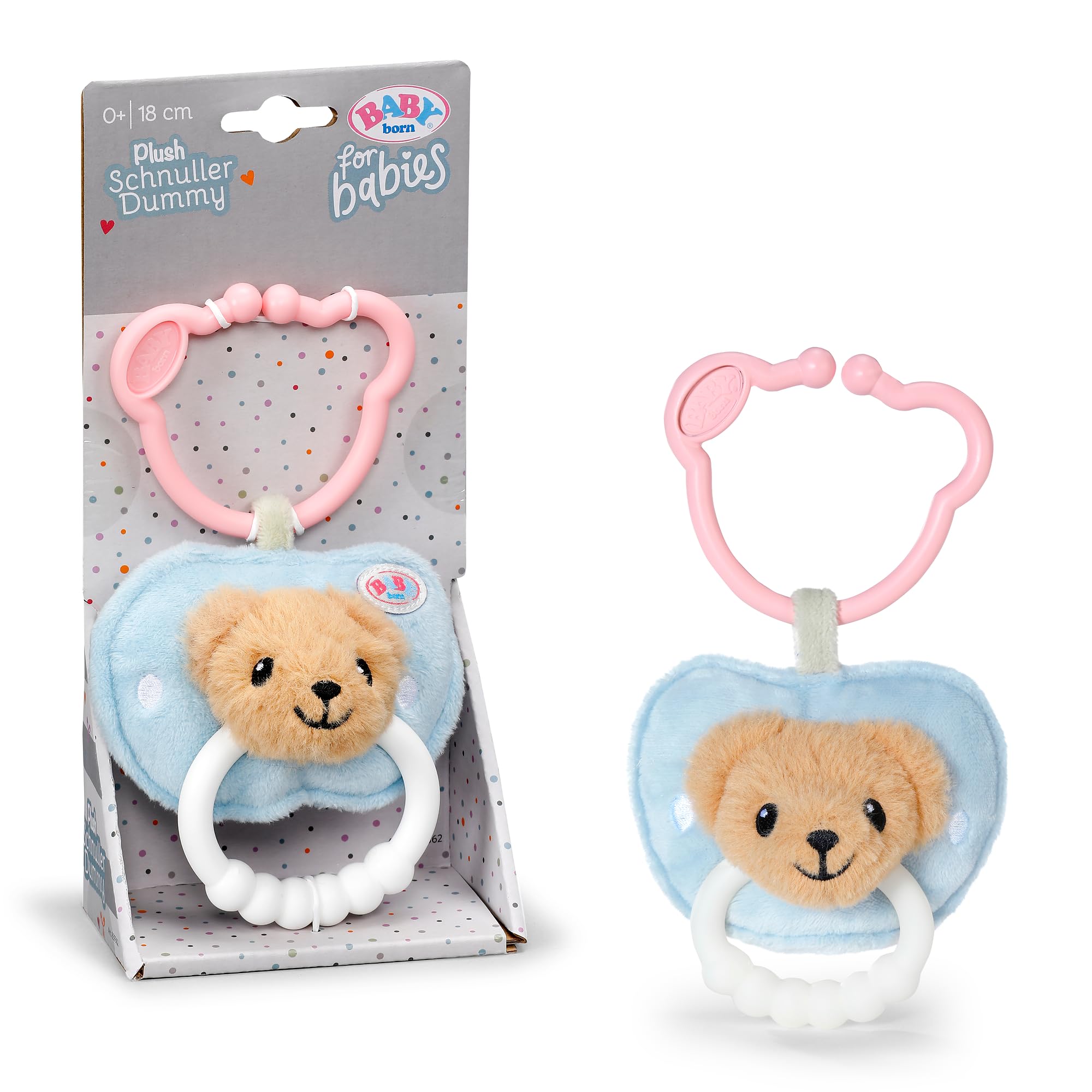 BABY born for babies Plüsch Schnuller mit Bärchengesicht, Beißring mit Clip, 18cm groß, quietscht, waschbar