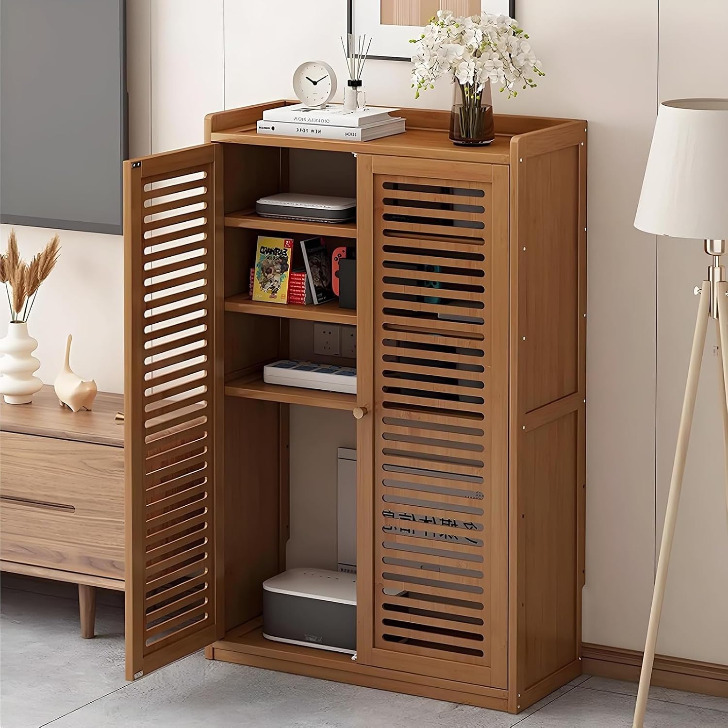 Bamboo WiFi Router Storage Cabinet with Adjustable Shelves, Freestanding Organizer for Living Room & Bedroom, Stylish Hidden Box for Home Decor