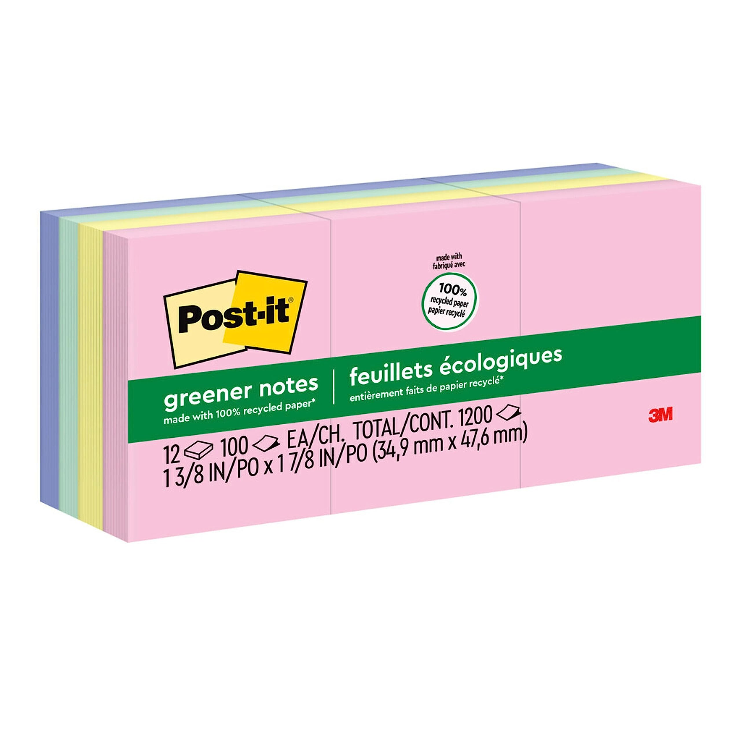 Post-it Greener Notes Original Recycled Note Pads, 1.38" x 1.88", Sweet Sprinkles Collection Colors, 100 Sheets/Pad, 12 Pads/Pack