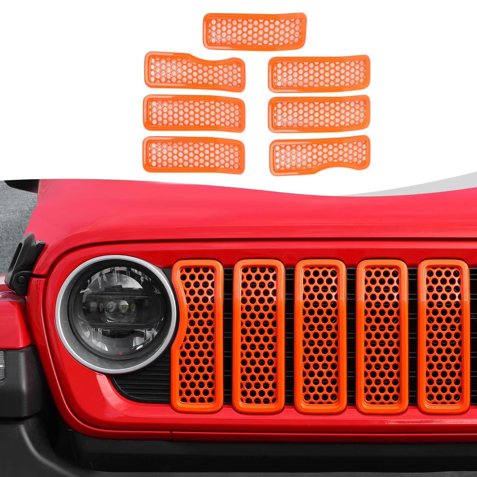 Front Grill Insert Mesh Grille Inserts Cover Kit 7Pcs Compatible with 2024-2025+ Jeep Wrangler JL JLU &amp; Gladiator JT Exterior Accessories (Orange)