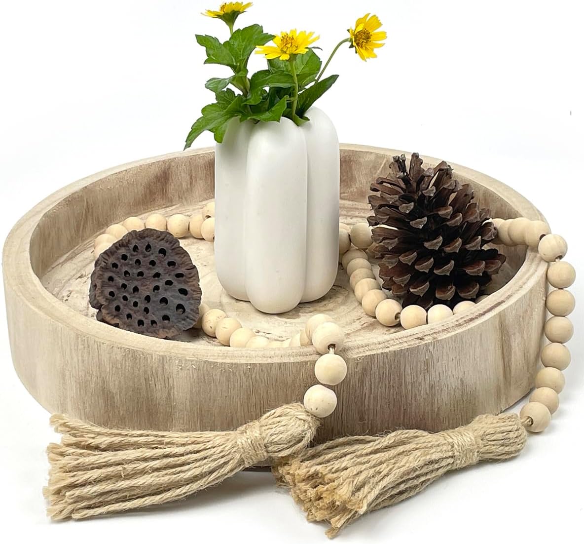 12.6" Wooden Round Hand-Carved Tray and A Wood Bead Tassel String Christmas Decor Decorative Centerpiece Paulownia Real Wood Serving Trays Wedding Farmhouse Decoration,Natural