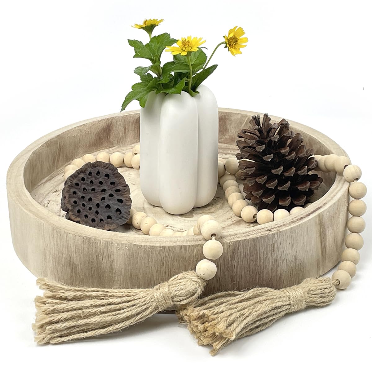 Grand plateau décoratif en bois de paulownia sculpté à la main pour pâte à racines, plateau de service en bois véritable pour mariage, décoration de ferme, naturel (avec guirlande de perles en bois)