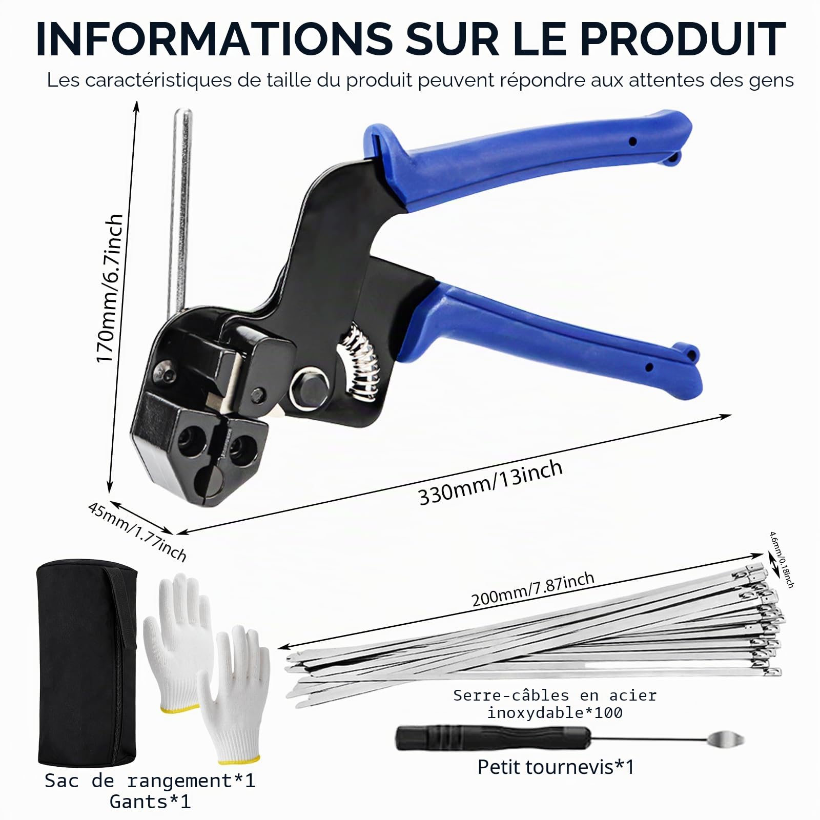 Kit de Pistolet à Attaches Métalliques, Pistolet d'attache, Outil D'attache de Câble avec 100 Collier de Derrage Inox, Kit de Collier de Serrage Inox, Pistolet à Attache pour Verrouiller et Coupe