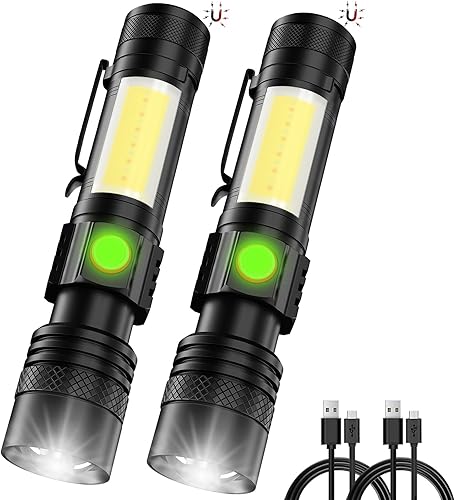 Linterna recargable, linterna LED magnética 【Batería no incluida】con luz de trabajo COB, linternas tácticas de bolsillo con 6 modos, 1000 lúmenes