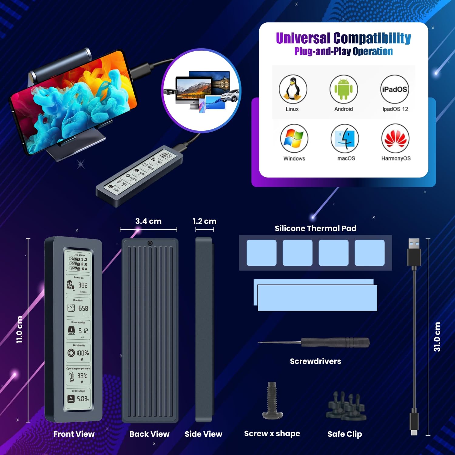 Dyazo M.2 NVMe SSD Enclosure Type C with LCD Display | USB 3.2 Gen2 10Gbps | Support NVME PCIE Size 2230/2242/2260/2280 M-Key/B+M | Support UASP & Trim (Up to 8TB) | Compatible with Windows/Mac/Linux — Amazon image 5