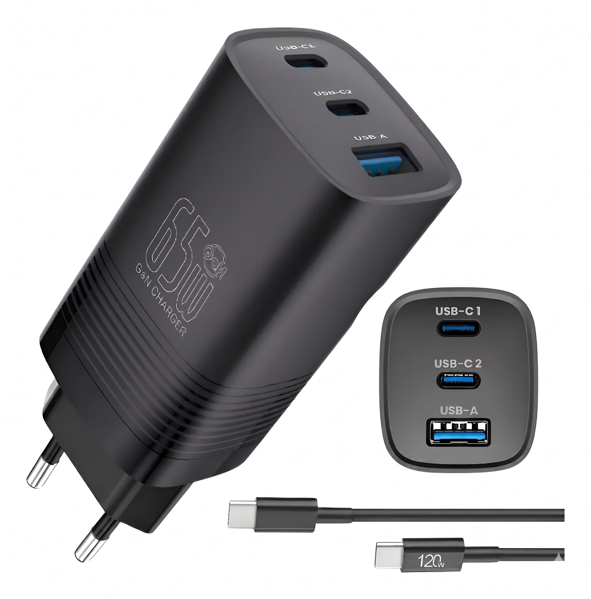 Carregador USB C 65W GaN 3 Portas com Cabo Incluso — Carregador Rápido Power