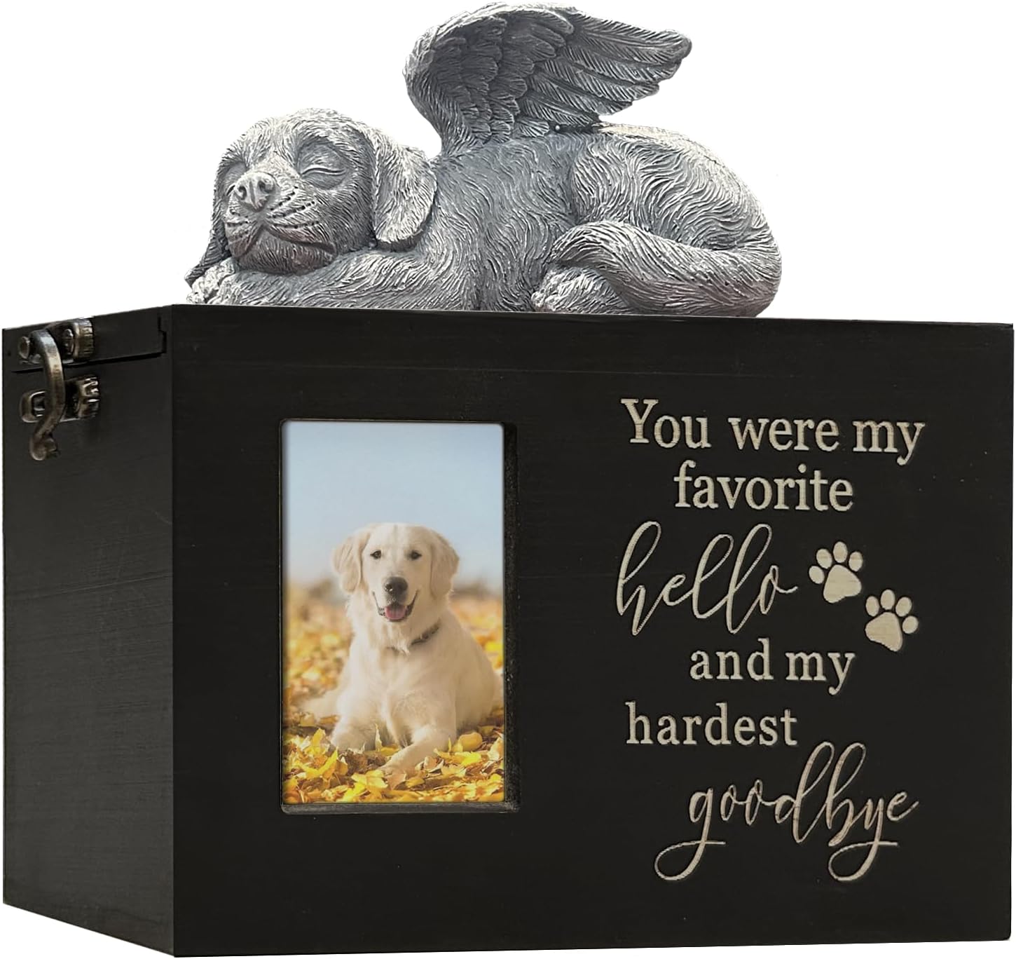 Solid Wood Memorial Urn for Dogs Ashes Box with Picture Black Funeral Cremation Box for Pet Wooden Keepsake with Flannel Lining for Loss of Pet Remembrance Gift (Black DogUrn-Hello-Medium) Medium Dog Urn-black-hello