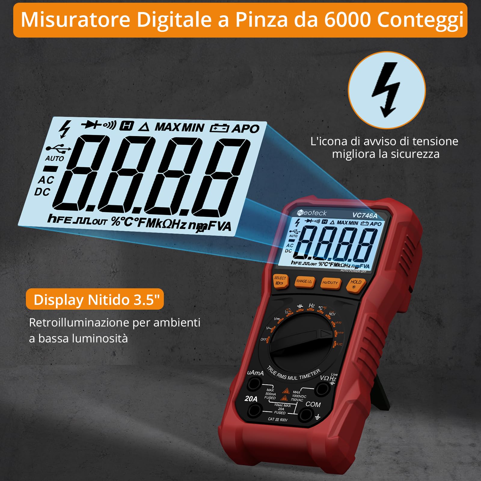 Neoteck Combo Professionale di Multimetri: Multimetro Arancione Durevole 2000 Conteggi con NCV e Temperatura + Multimetro 6000 Conteggi TRMS Auto-Range per Elettricisti, Tecnici e Fai-da-Te