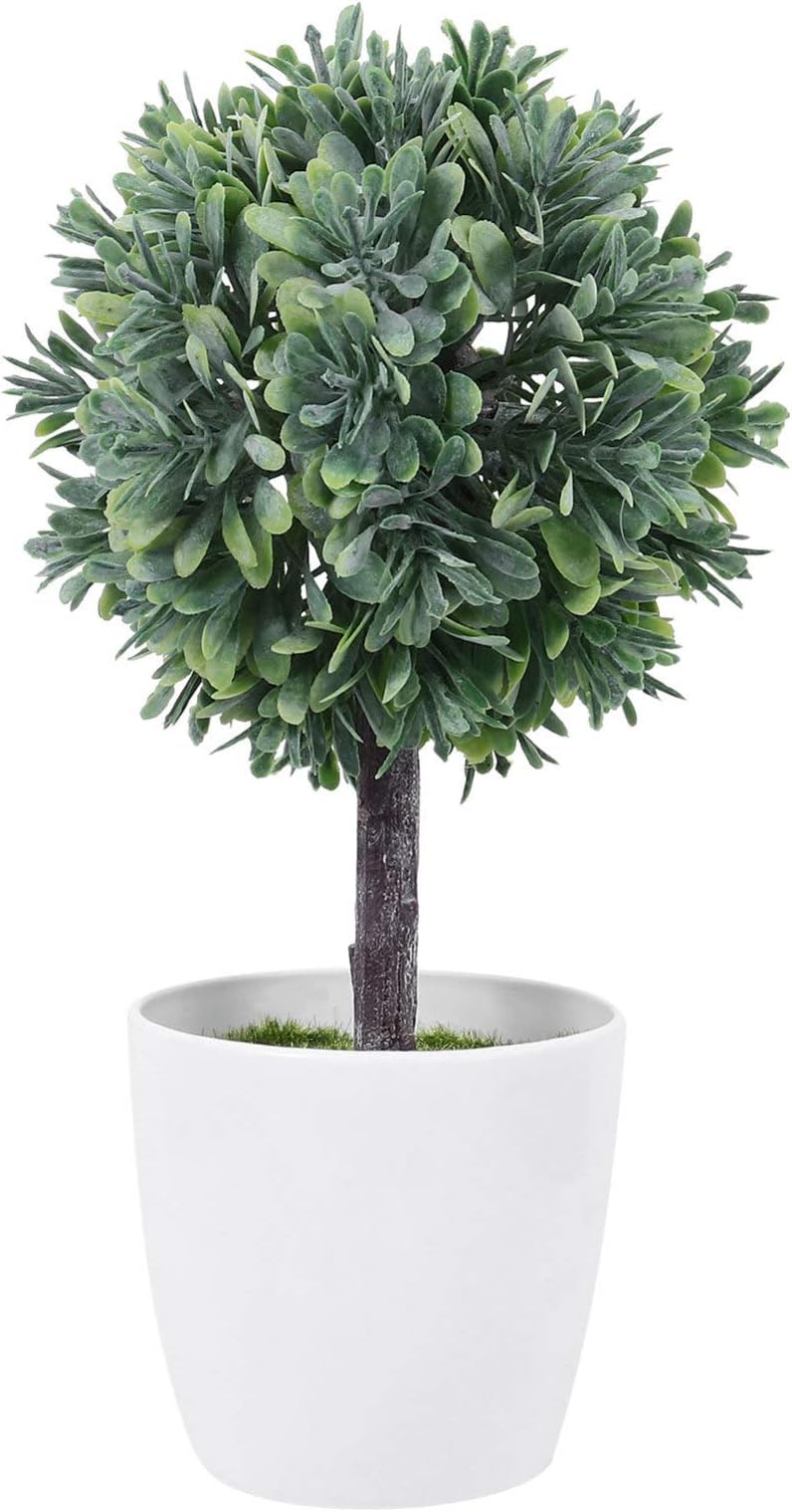 Cabilock Artificial Plants Potted Artificial Boxwood Topiary Tree Artificial Ball Shaped Tree Fake Fresh Grass Flower in White Plastic Pot for Home Office Garden Yard Outdoor