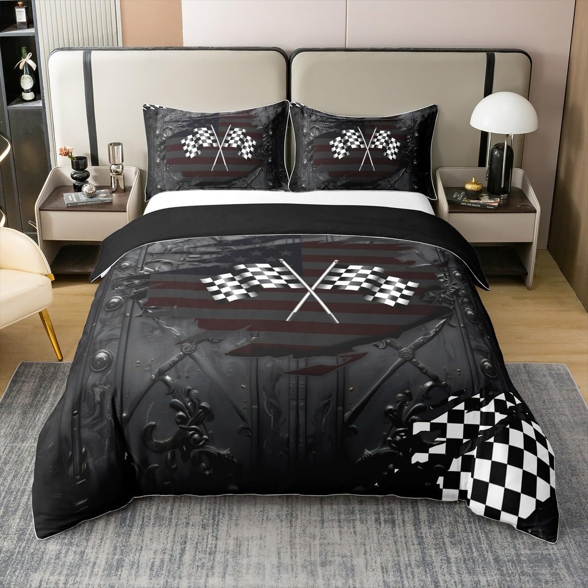 Racing Car Full Size Cotton Duvet Cover,Racing Checker Flags Extreme Sports Modern Quilt Cover(No Filler),Vintage American Flag Marble Texture Comforter Cover for Kids Adults Bedroom