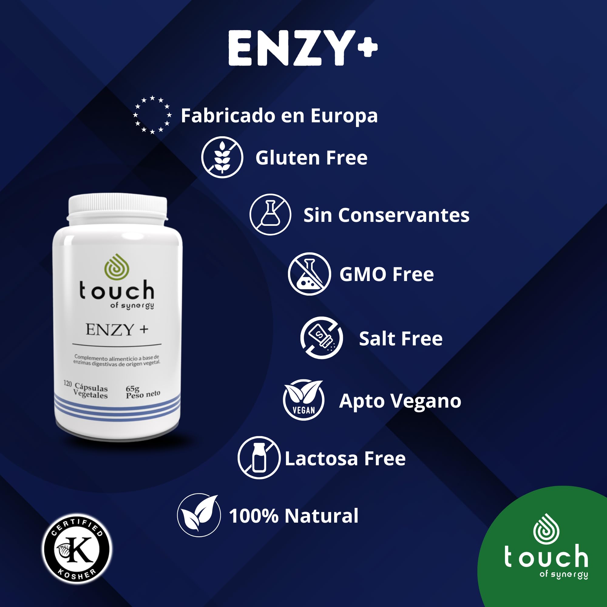 ENZY+ – Complejo de Enzimas Digestivas – Mejora la Digestión y Absorción de Nutrientes – Alivio de Hinchazón y Malestar Estomacal – 120 Cápsulas Vegetales