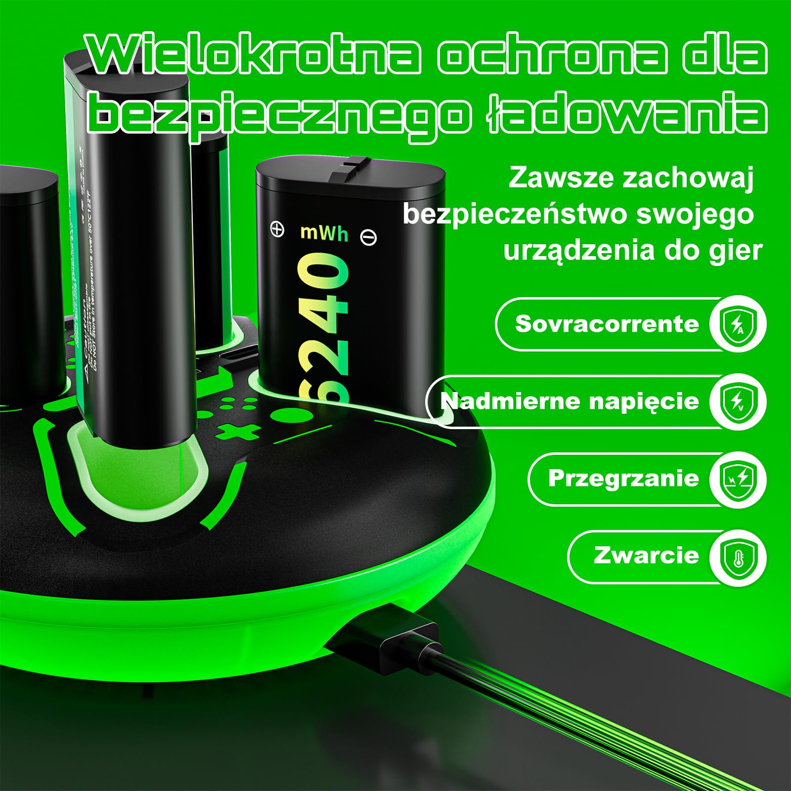 für Xbox Controller Charger mit 4x6240mWh Akkus, Schnellladestation mit LED-Anzeige, Kompatibel mit Xbox Series X|S, Xbox One S/X/Elite - Schwarz