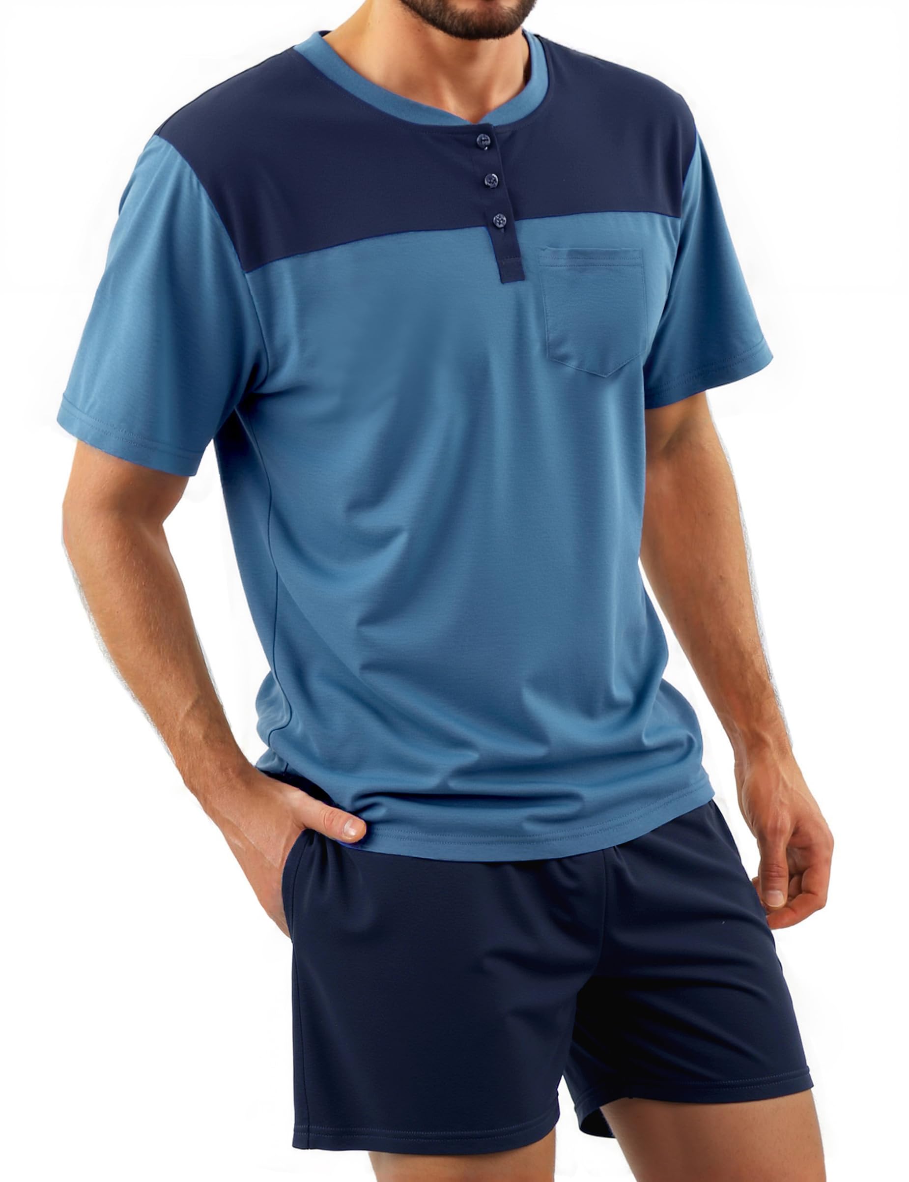 Bresdk Schlafanzug Herren Kurz Baumwolle Kurzarm Pyjama Set Zweiteiliger Shorty Nachtwäsche mit T-Shirt und Shorty Schlafanzughose Männer Hausanzug
