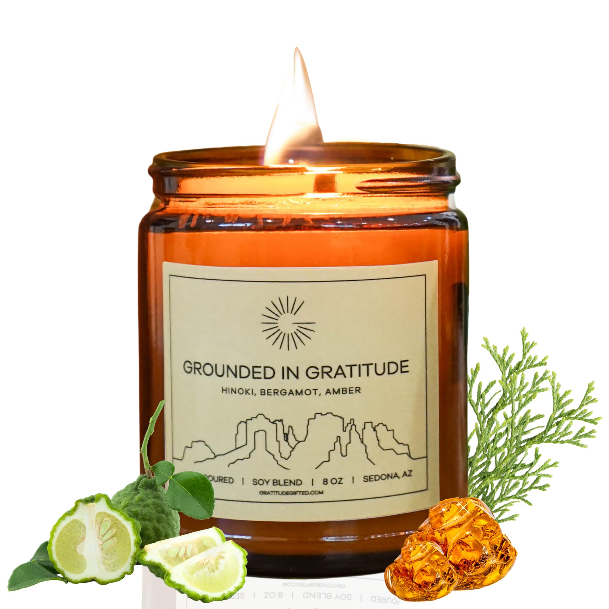 Grounded in Gratitude - 8 oz Natural Soy Candle with Hinoki, Bergamot, and Amber Fragrances - Perfect Thank You Gift for Women & Men, Long-Lasting Aromatherapy Candle