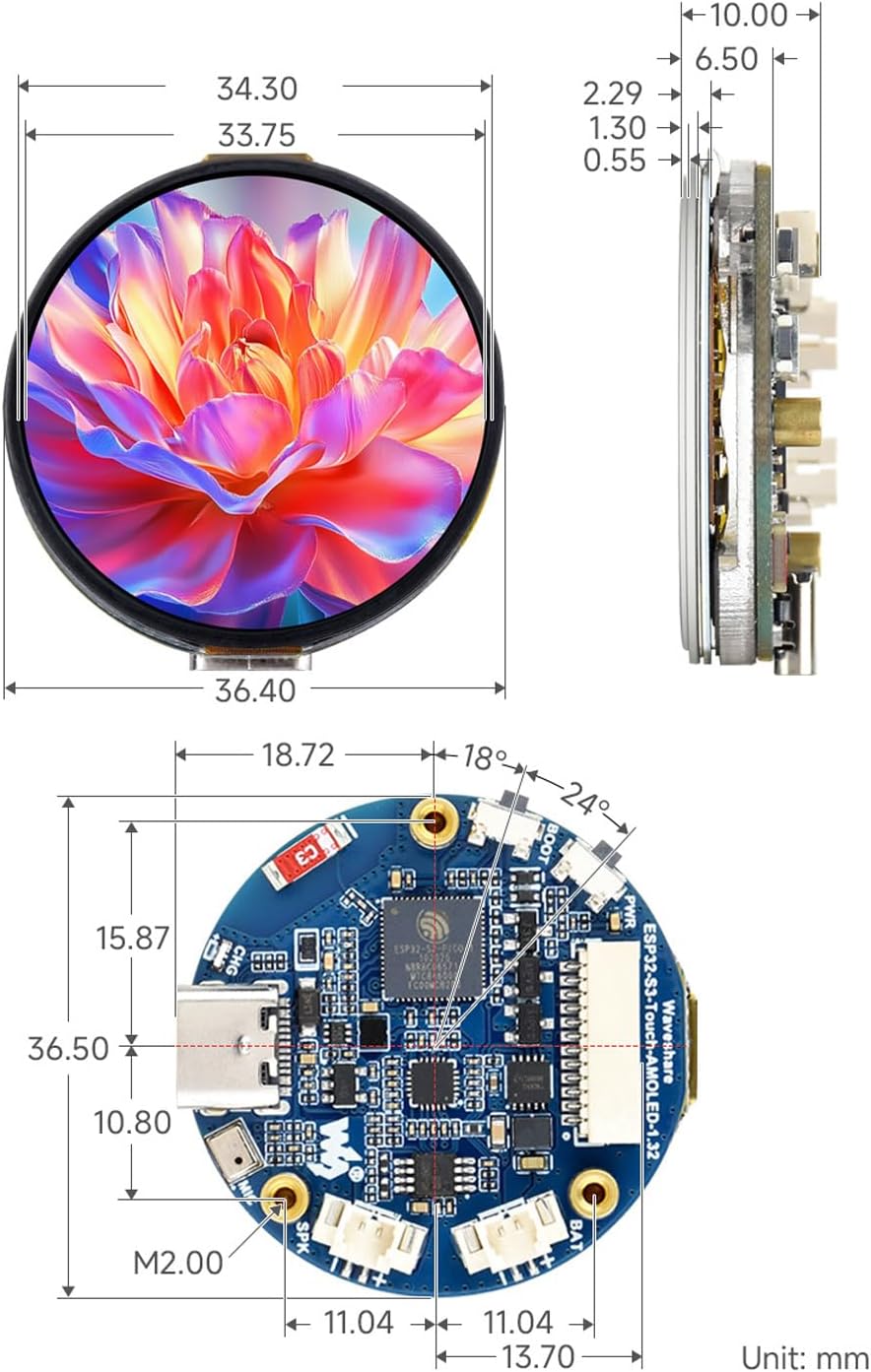Waveshare ESP32-S3 1.32inch AMOLED Round Touch Display Development Board, 466×466 Pixels, QSPI Interface, Supports Wi-Fi and BT 5