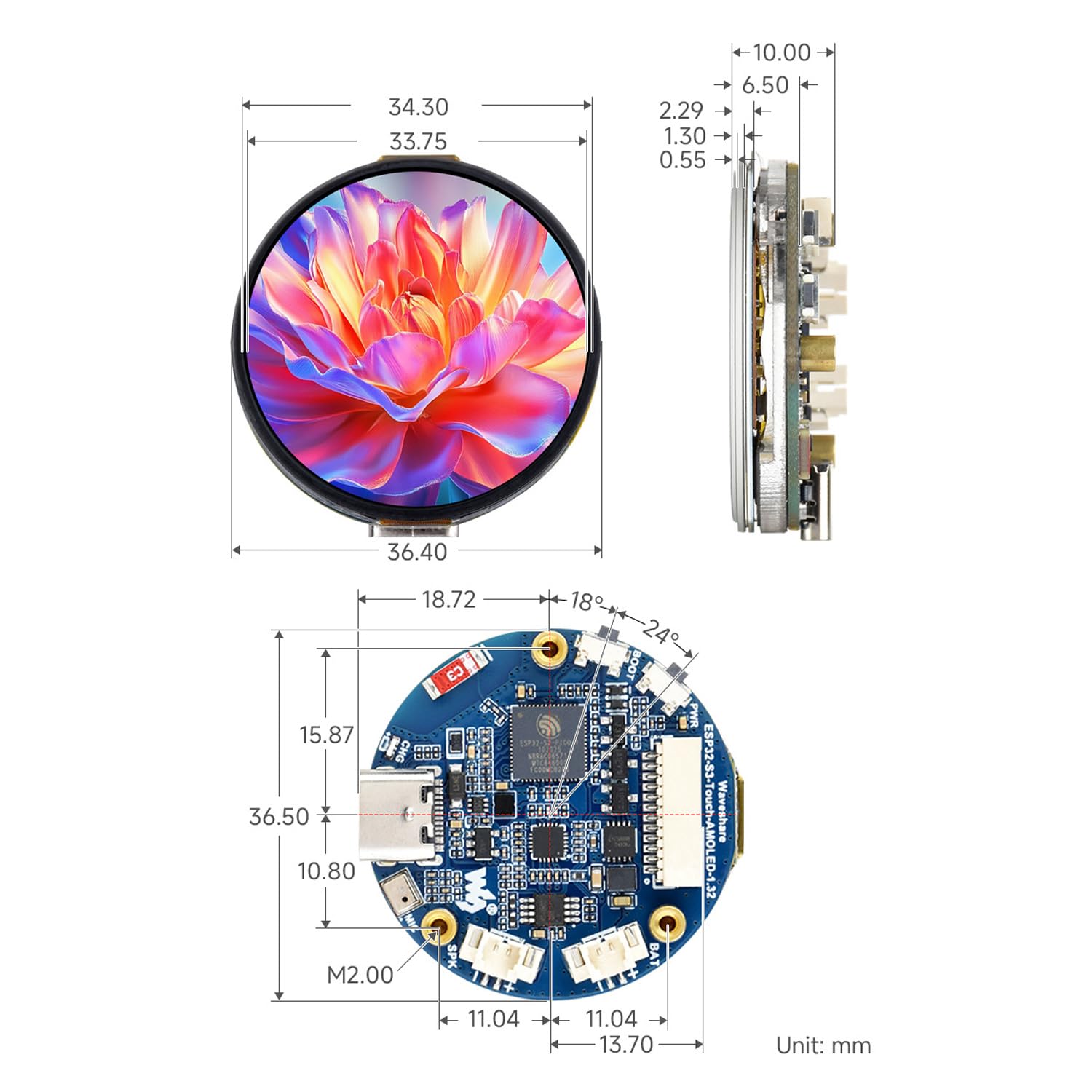 Waveshare ESP32-S3 1.32inch AMOLED Round Touch Display Development Board, 466x466 Pixels, QSPI Interface, Supports Wi-Fi and BT 5