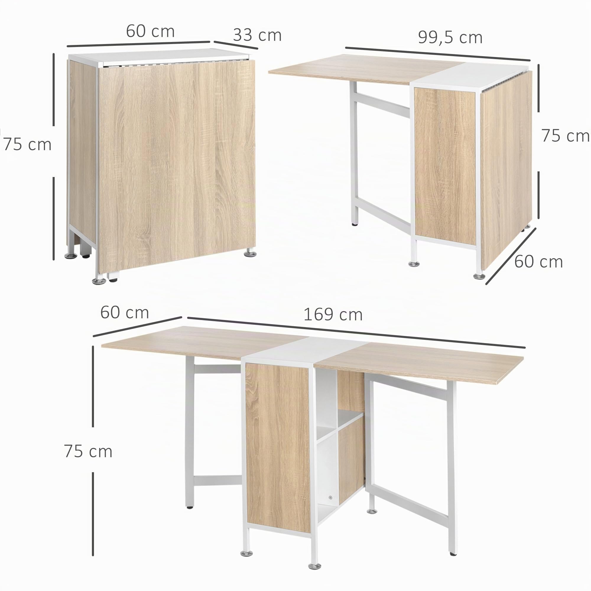 HOMCOM Table Pliable de Cuisine pour 4 per. 169x62x75cm Blanc Chêne Clair | Table à Manger, 4 Niches Intégrées, pour Petit Espace, MDF, Acier, Meubles de Cuisine