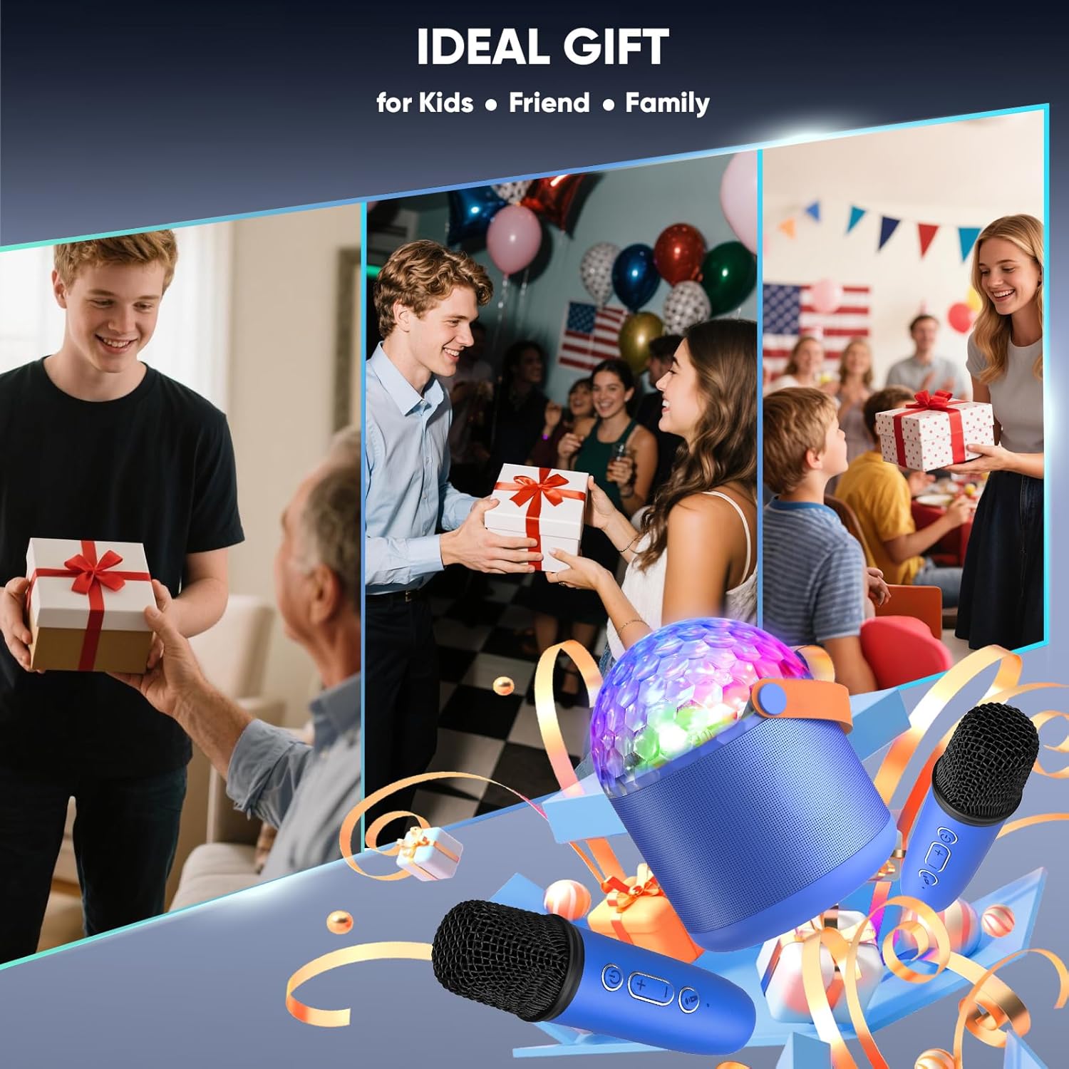 Karaoke Machine for Kids, Birthday Gifts for Boys Ages 4 5 6 7 8 9 10, Microphone Toys for 3-12+ Year Old Kid, Portable Bluetooth Speaker and 2 Wireless Microphones with Disco Lights for Family Party