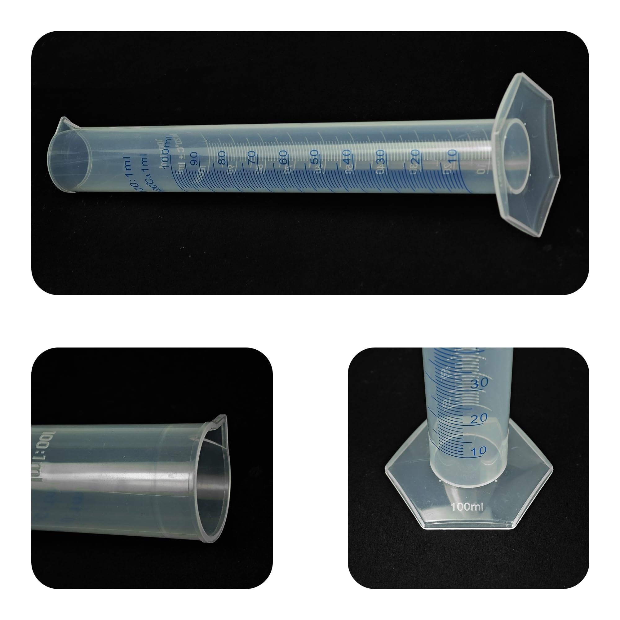 Kolba miarowa typu zlewka, Plastikowy cylinder miarowy z podziałką, przezroczysty, 25 ml do 100 ml, dwustronne linie, 3 sztuki(100ml)