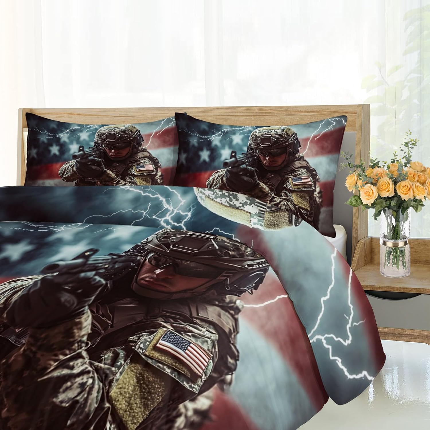 American Military Duvet Cover, Special Forces Bedding Set Cover for Kids Boys Girls Teens, Reversible Soldiers Duvet Cover with Zipper Closure and 2 Pillow Shams, Full Size 80" X90