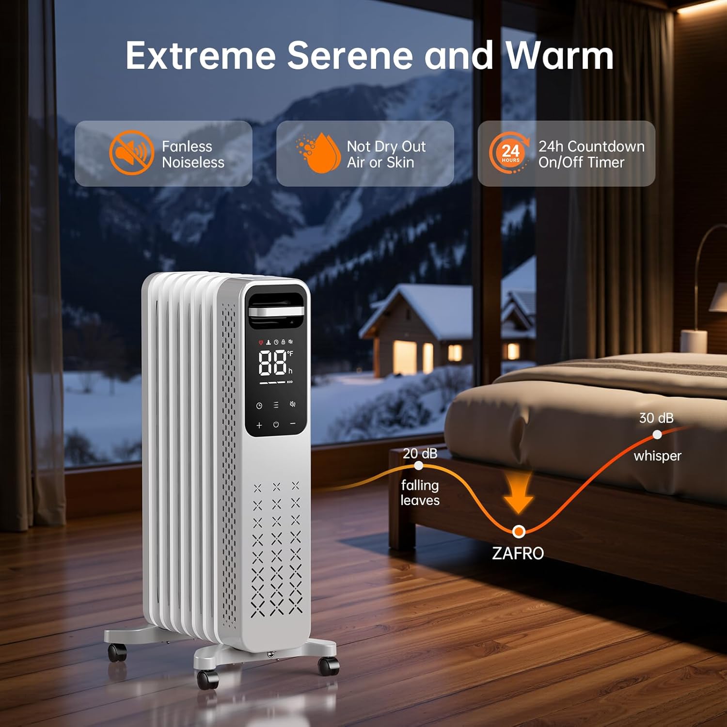 ZAFRO 1500W Oil Filled Radiator Heater, Energy Saving & Digital Thermostat, 24H On/Off Timer, Quiet Portable Wheeled Heater with Tip-Over & Overheat Protection for Home Office Indoor Use, Grey - Image 7