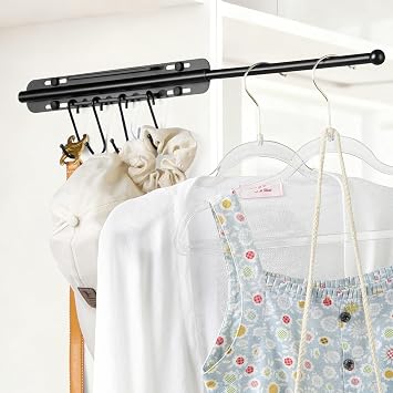 SUTINE 12 inch Valet Rod for Closet Pull Out, Heavy Duty Closet Valet Rods Slide Out, Adjustable Pull Out Closet Rods for Hanging Clothes with 4 Hooks Closet Organizers and Storage Black