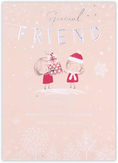 Clintons: Girls With Presents Friend Christmas Card, Christmas Card for Friends, General Christmas Cards, Single Christmas Card, Multi-Colour, 133 x 184, 1171416