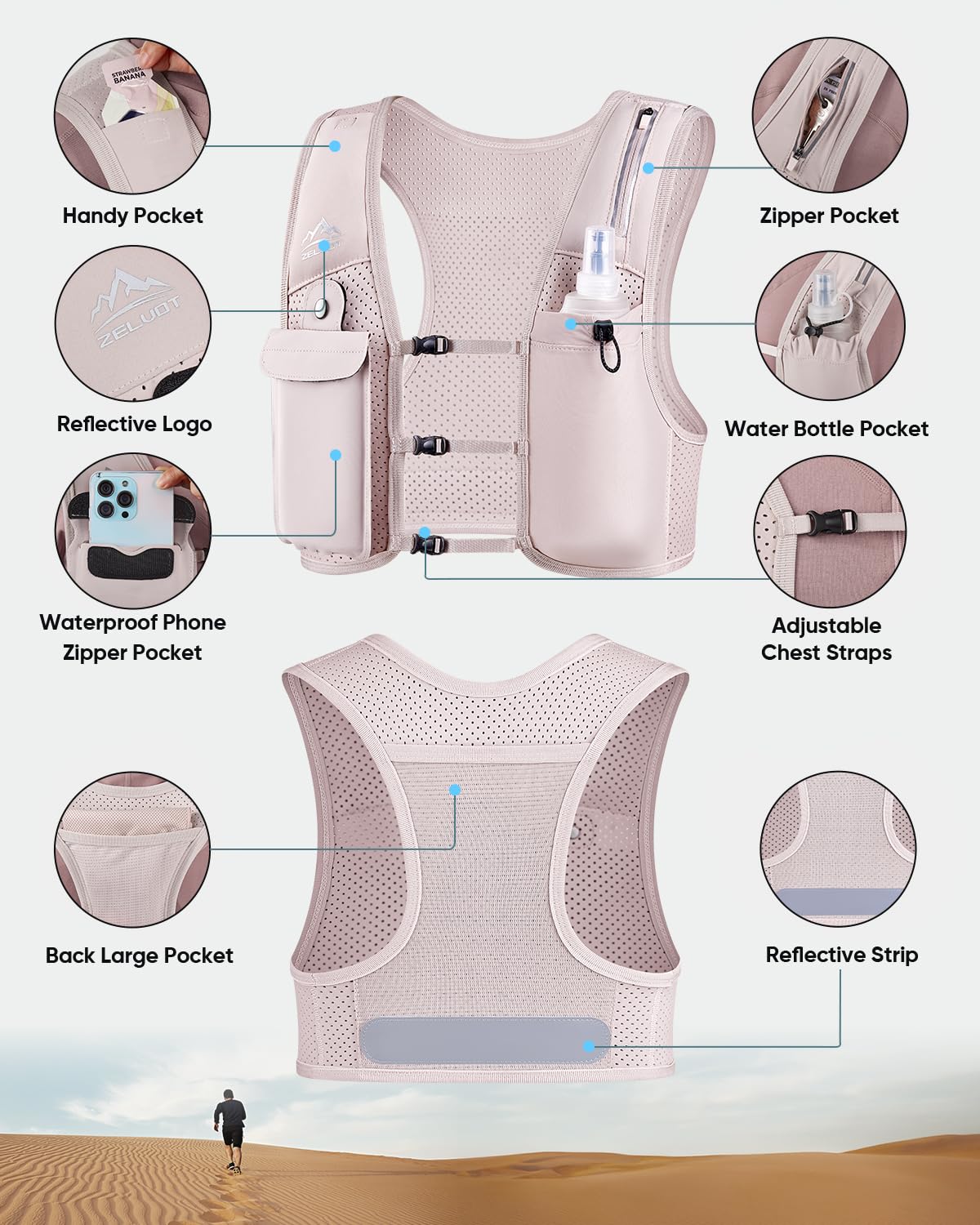 Zelvot Zaino Trail Running per Uomo e Donna, Brevetto Originale Europeo, Cinghie Pettorali Regolabili, Gilet Running con Borraccia Morbida 500ml, Gilet Corsa con Supporto per Telefono