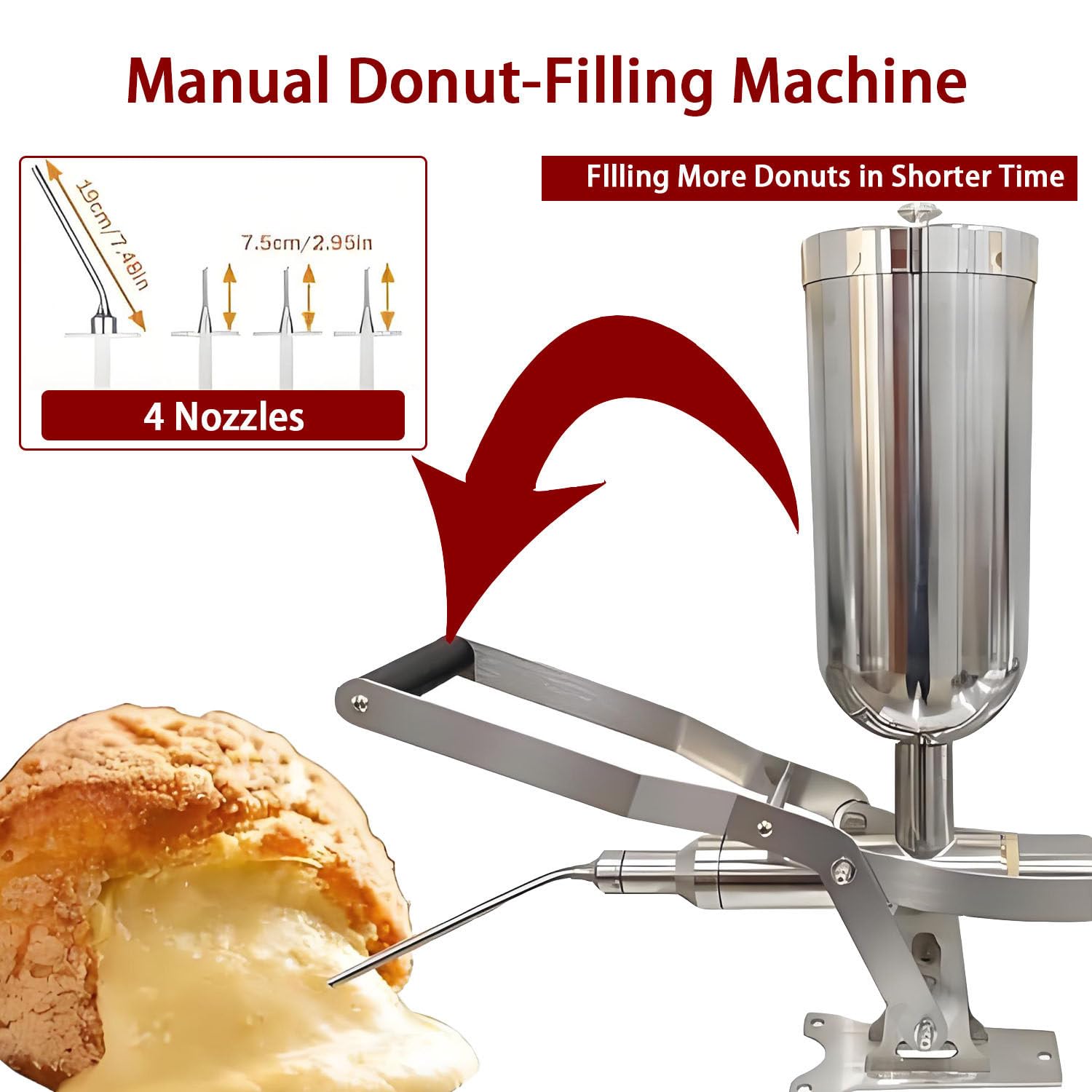 Máquina Manual para Rellenar donas, máquina Comercial para Rellenar donas, con 1 Boquilla Larga y 3 boquillas Cortas, precisión de llenado ±1 g, para restaurantes, cafeterías y panaderías.