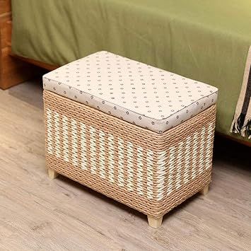 Ottoman Footrest Footstools Woven Seagrass Storage Ottoman/Natural Rattan Ottoman Upholstered Pouffes Storage Chest Sofa Bench Seat/Beige/50 * 30 * 31Cm