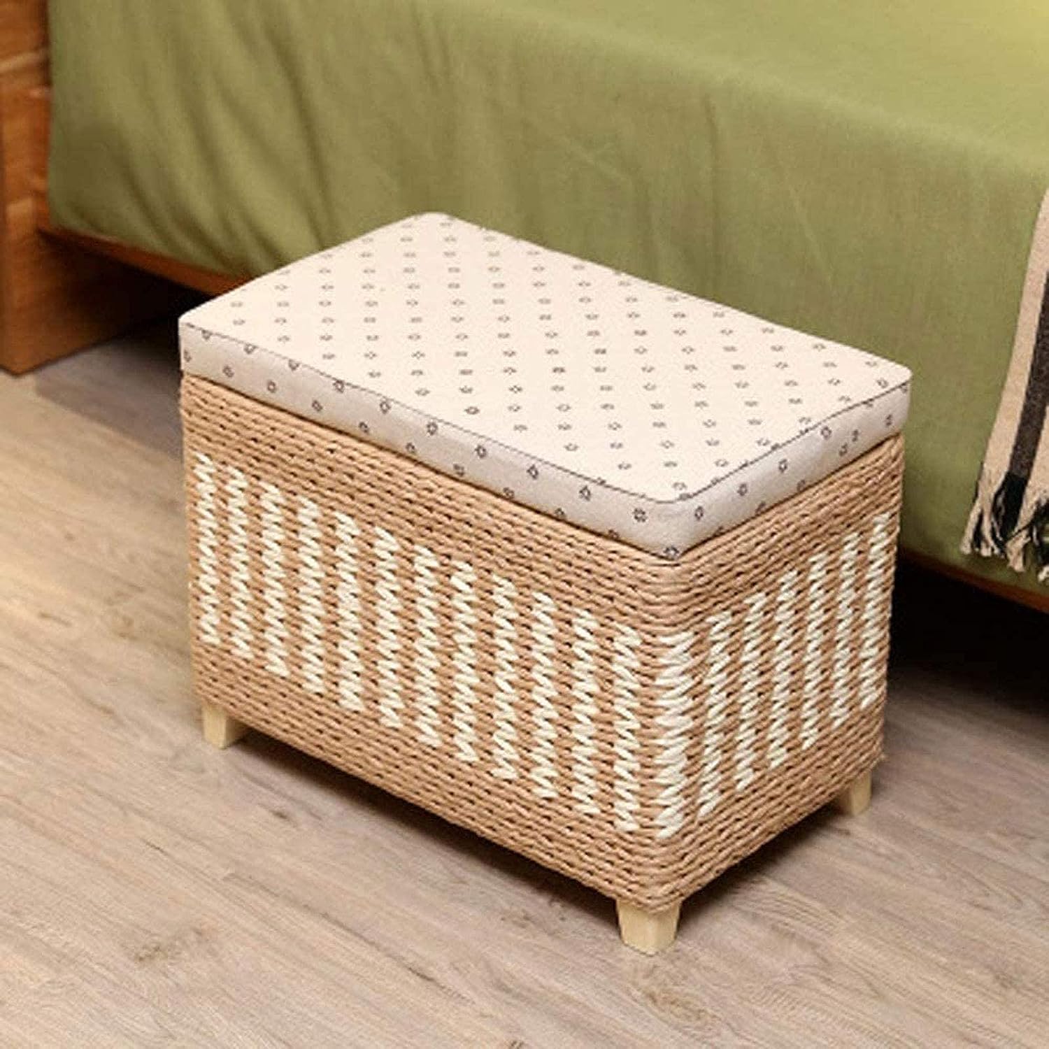 Pouf en rotin naturel haut de gamme et jonc de mer avec coffre rembourré beige
