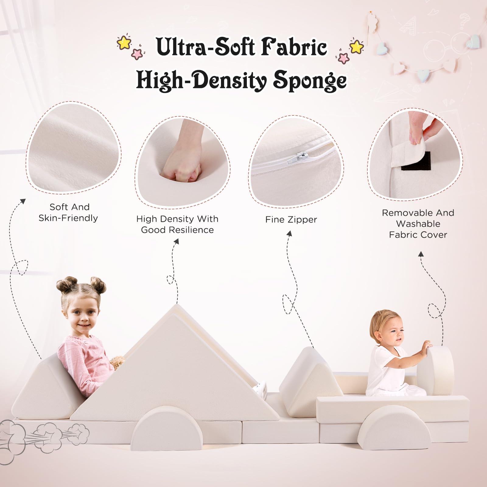 14-teiliges Modulares Spielsofa Beige, DIY Kindercouch mit Waschbaren Bezügen, Weiches Schaumstoff-Sofa, Flexibel Umbau bar für Kinderzimmer & Wohnzimmer
