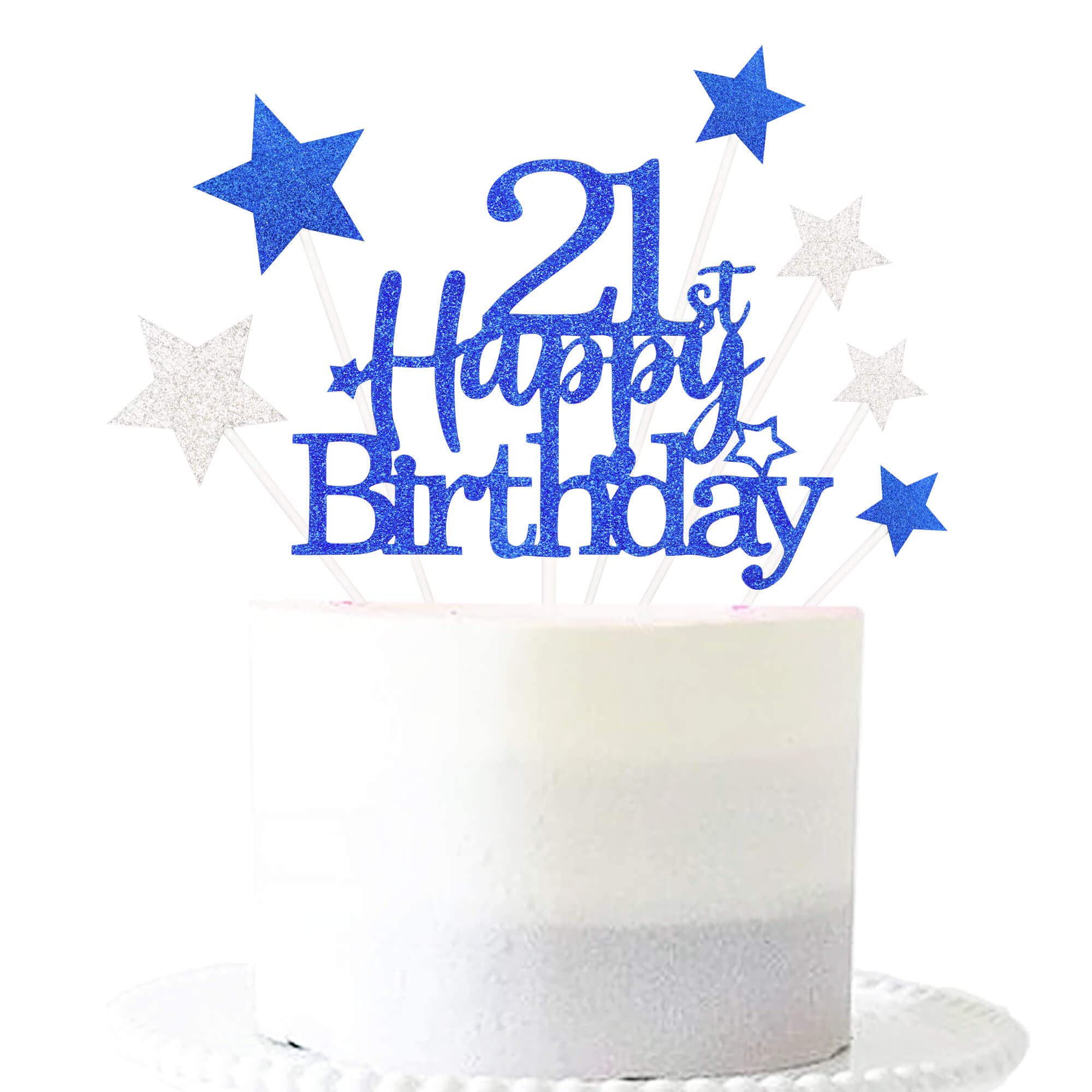 Pargleev Glittery 21st Happy Birthday Cake Topper with Star,Personalised 21 Birthday Cake Toppers Party Decorations Party Supplies for Boys Girls Blue