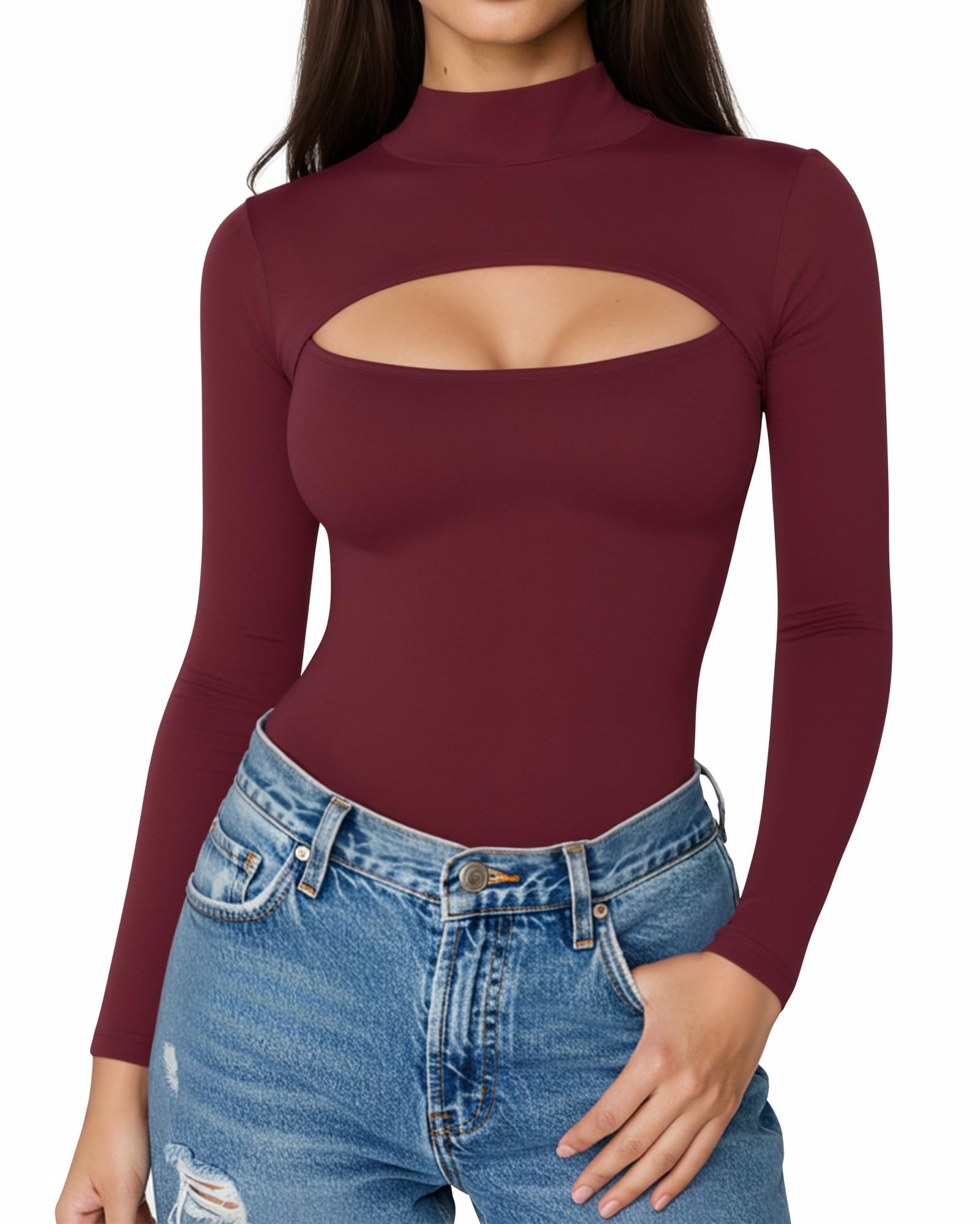 ALGALAROUND Short Long Sleeve Shirts for Women Basic Mock Turtle Neck Cut Out Tops Going Out T-Shirt Tee