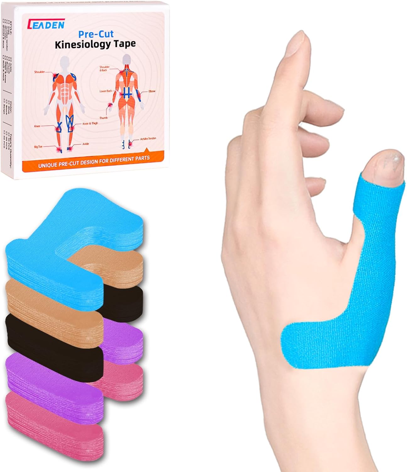 Precut Kinesiology Tape for Thumb, Left Hand, 40 Pcs, Blue