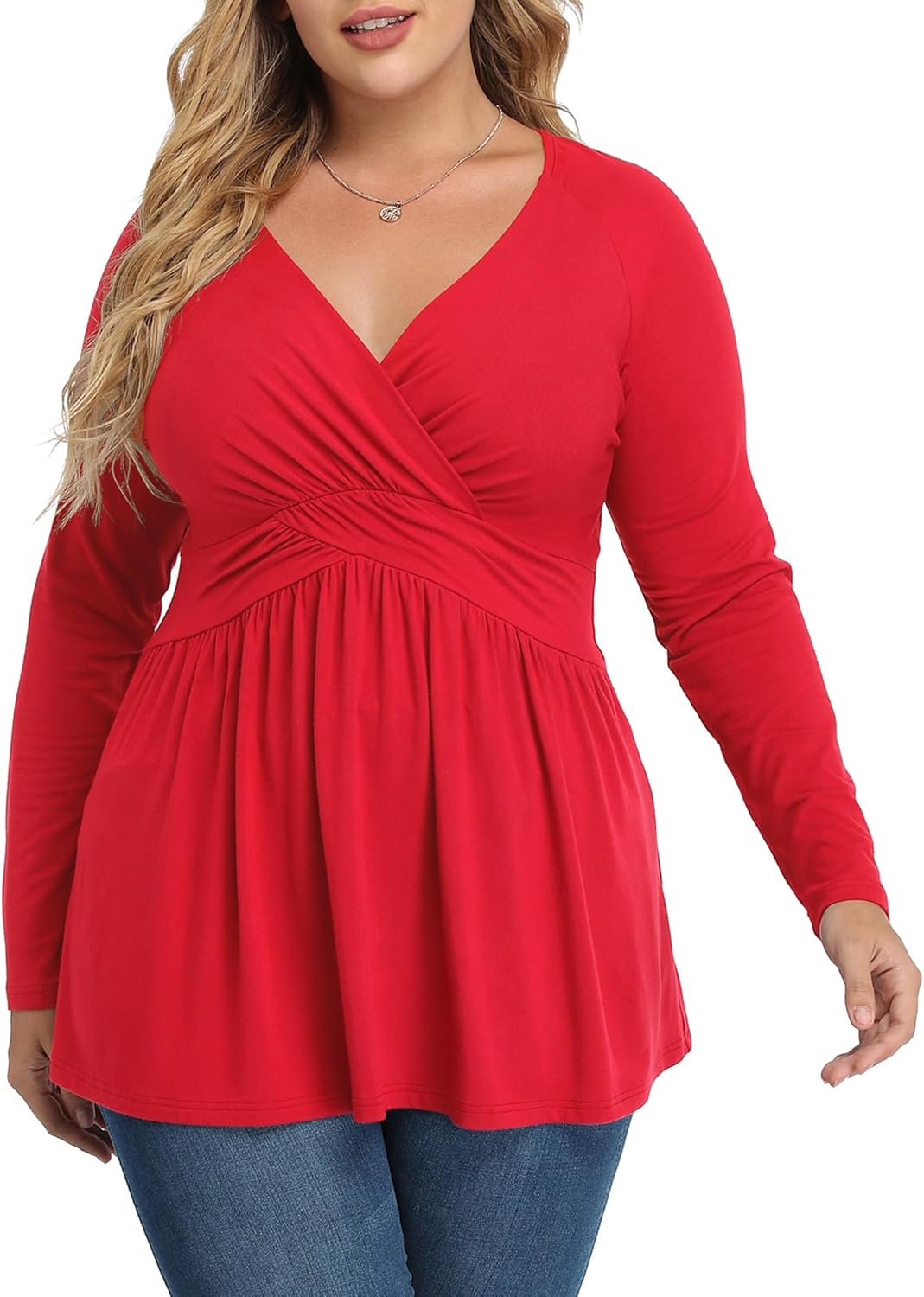 TIANZHU Women's Plus Size V Neck Long Sleeve Tunics Tops Lightweight Blouse Dressy Casual Top Ruched Trendy Clothes
