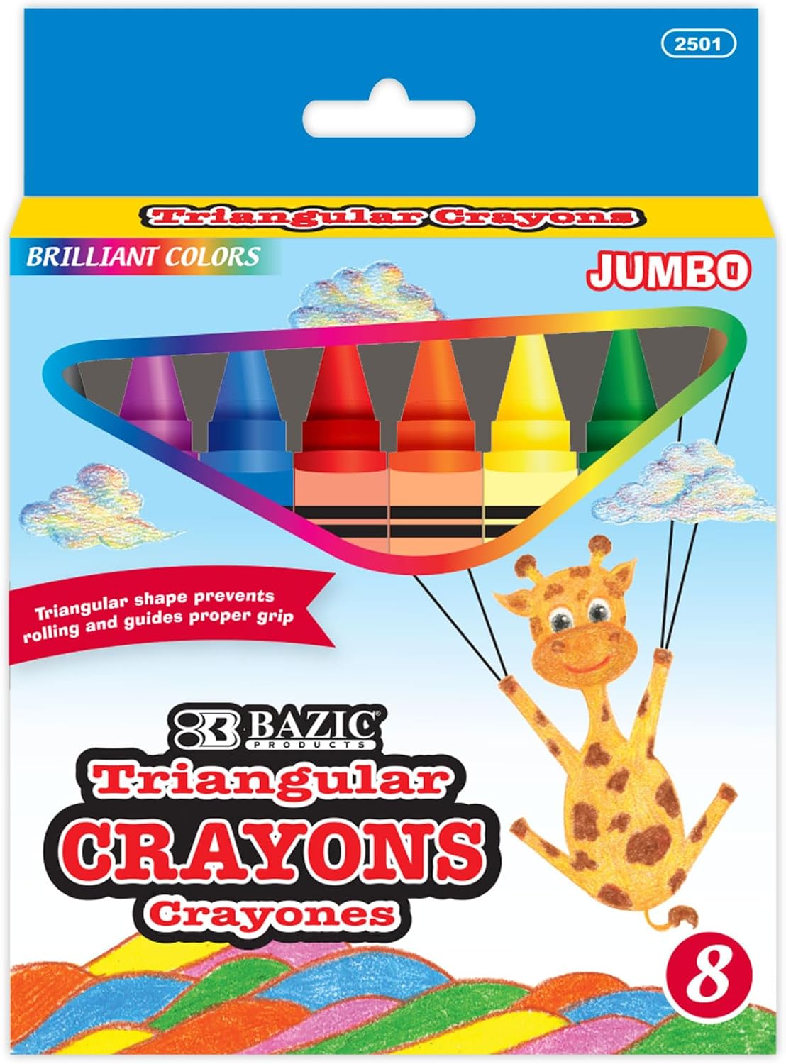 BAZIC PRODUCTS Crayons Jumbo Triangle 8 Color, Assorted Colors Coloring Crayon Set, Non Toxic Drawing Crayons for School Art, Gift for Artist, 24-Pack