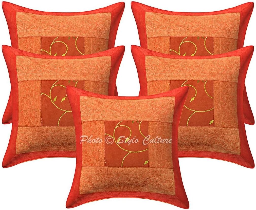 Indian Decorative Sofa Couch Toss Throw Pillow Cases 40x40 cm Polydupion Bedroom Orange Floral Embroidered Brocade Patchwork Square Envelope Ethnic 16x16 Inch Cushion Covers - 5 Pcs