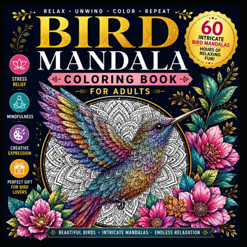 Bird Mandala Coloring Book for Adults: 60 Intricate Bird Mandalas for Relaxation, Stress Relief, Mindfulness & Creative Coloring Fun