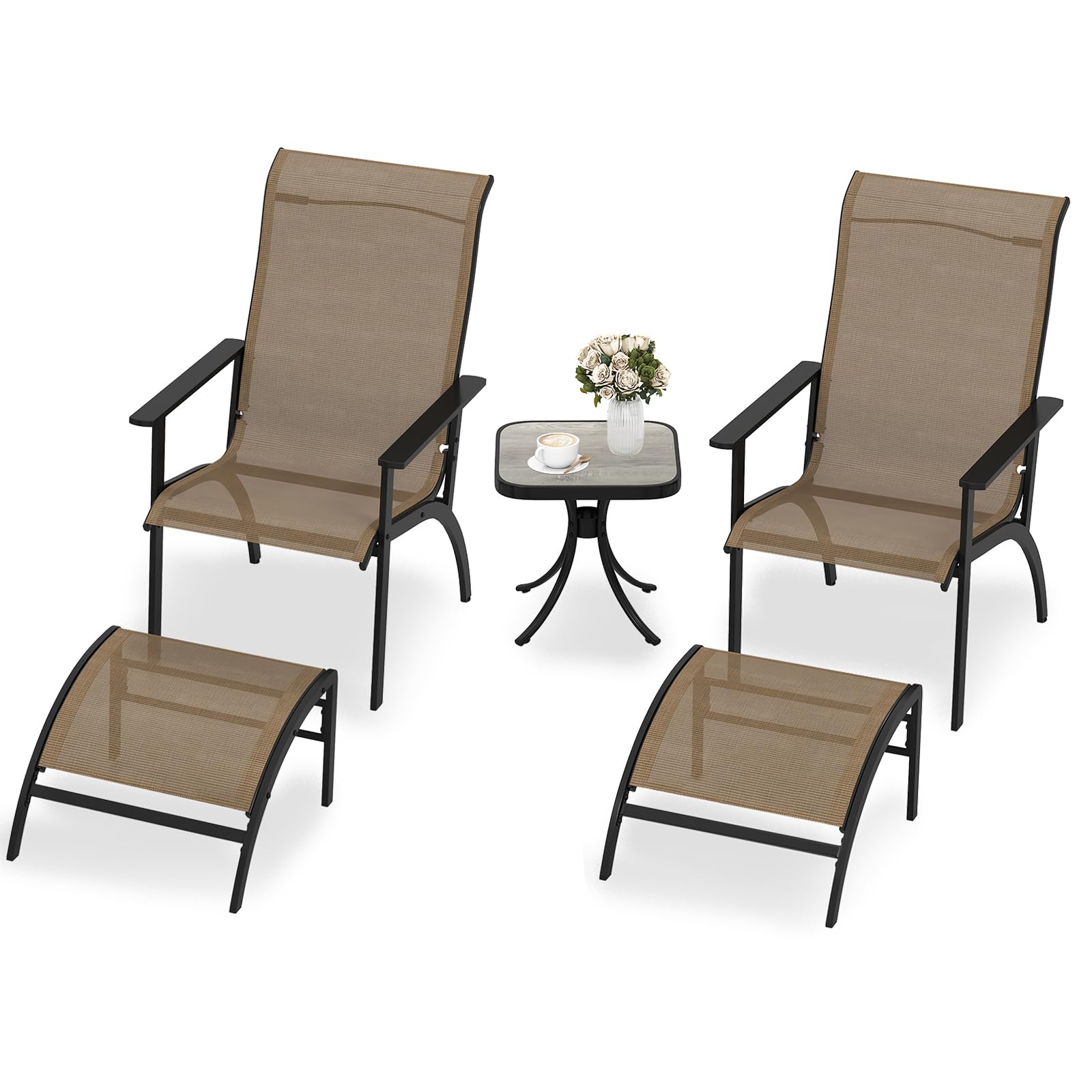 KOMFOTTEU Set di Mobile da Giardino in 5 Pezzi, Set Tavolo e Sedie da Balcone in Tessuto Textilene, Set da Bistrò con Tavolo, 2 Sedie Adirondack e 2 Poggiapiedi per Terrazza, Bordo di Piscina, Marrone