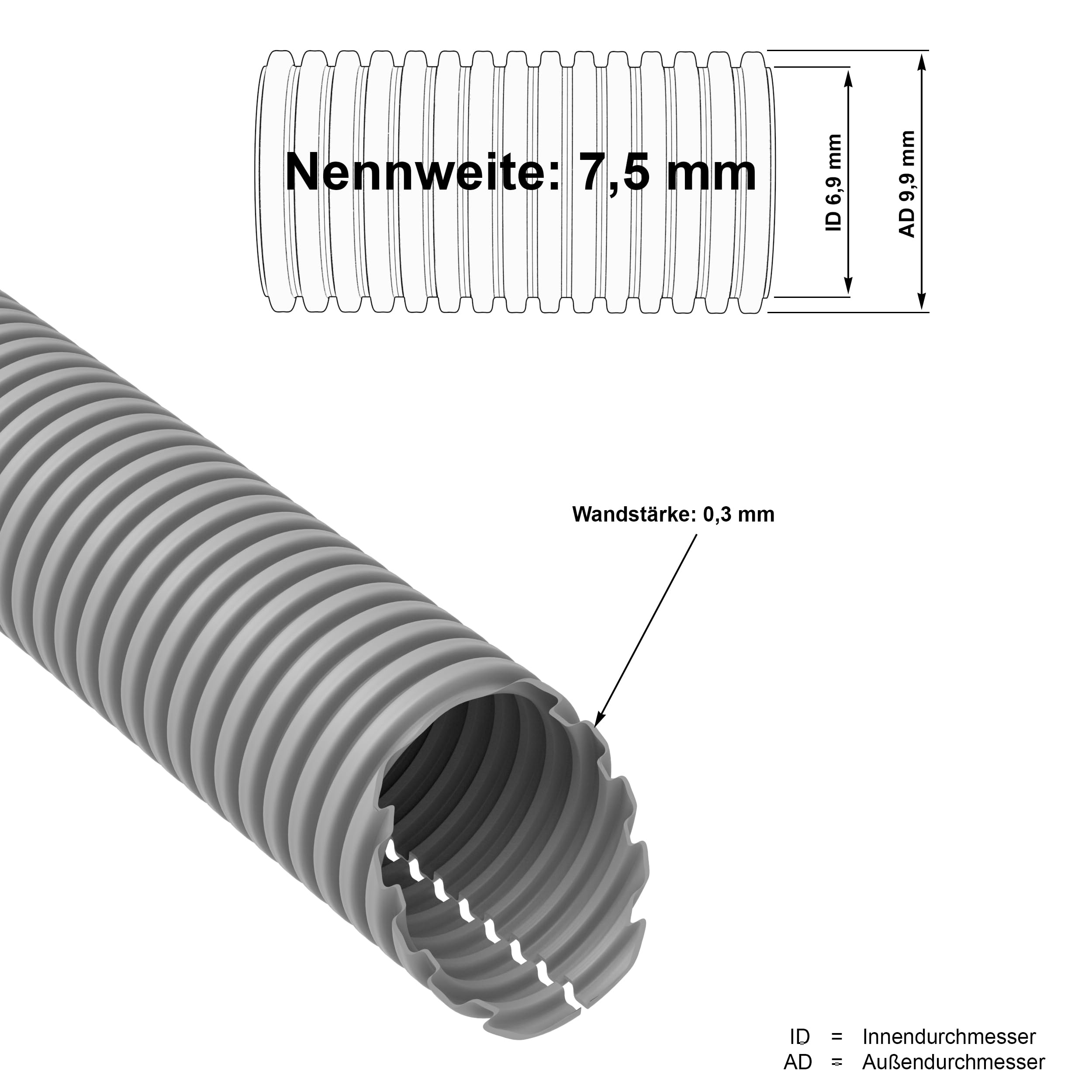 AUPROTEC Gaine Annelée Fendue Buse de Protection des Câbles : Ø int. 7,5 mm, 25 mètres - Gris